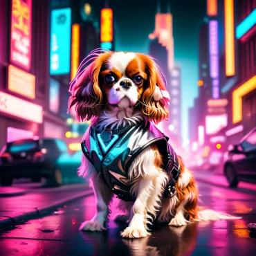 Cavalier King Charles Spaniel in a stylish outfit, posed in a vibrant city at night.