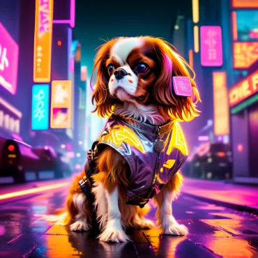 Cavalier King Charles Spaniel in futuristic attire, standing in a neon-lit city.