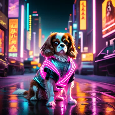 Cavalier King Charles Spaniel in neon attire, posing in a vibrant cityscape.