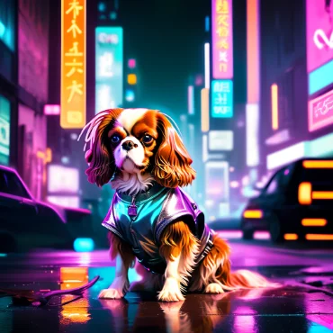 Stylized Cavalier King Charles Spaniel in a neon city wearing a coat.