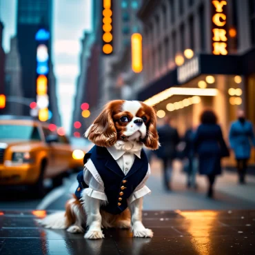 Cavalier King Charles Spaniel dressed in a suit, standing on a busy city street.