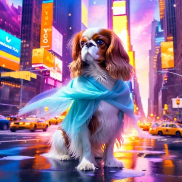 Cavalier King Charles Spaniel in a light blue scarf on a busy city street during sunset.