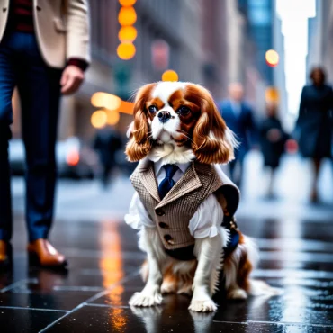 Cavalier King Charles Spaniel in a suit, walking alongside a person in a city.