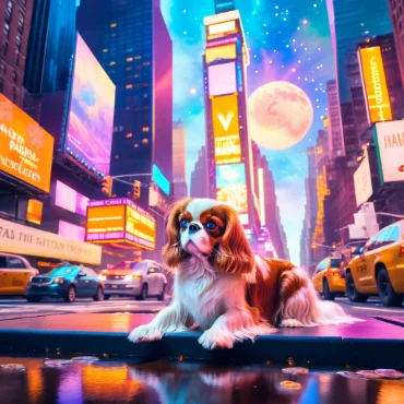 Cavalier King Charles Spaniel in a vibrant city scene with billboards and neon lights.