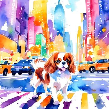 Cavalier King Charles Spaniel in a vibrant city scene with taxis and skyscrapers.