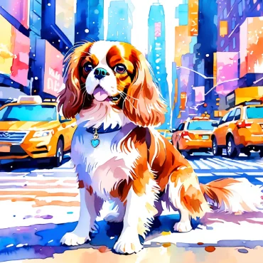 Cavalier King Charles Spaniel sitting in a bustling city street surrounded by yellow taxis.