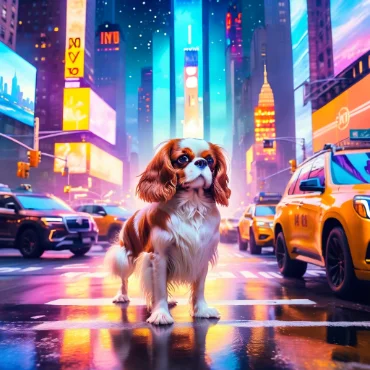 Cavalier King Charles Spaniel standing in a bustling city street at night.