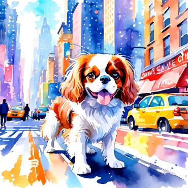 Cavalier King Charles Spaniel standing in a colorful city street with cars.