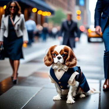 Dressed Cavalier King Charles Spaniel walking on a city street among people.