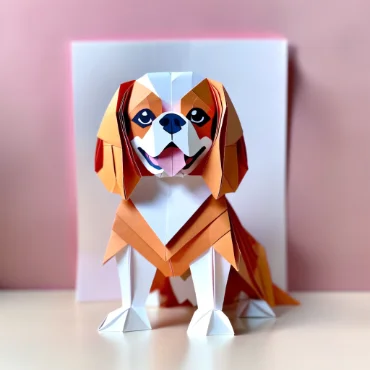 Colorful origami Cavalier King Charles Spaniel sitting against a pastel background.