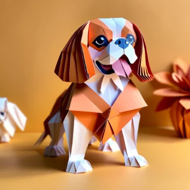 Colorful paper craft of a dog standing playfully with its tongue out.