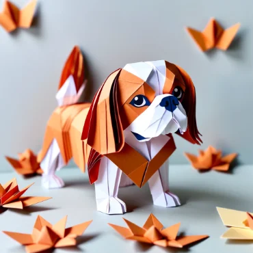 Origami Cavalier King Charles Spaniel surrounded by paper flowers.