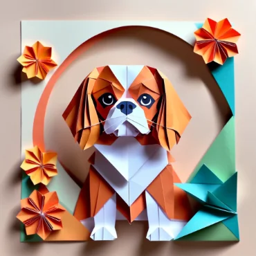 Origami-style artwork of a Cavalier King Charles Spaniel surrounded by flowers.