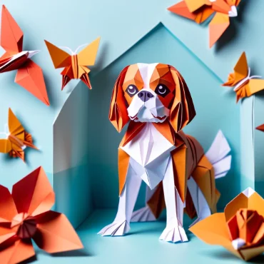 Origami-style Cavalier King Charles Spaniel surrounded by paper butterflies and flowers.