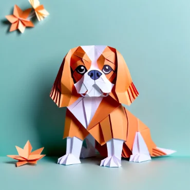 Origami-style Cavalier King Charles Spaniel with colorful paper leaves.