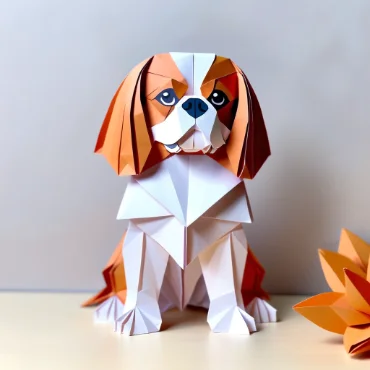 Paper art of a Cavalier King Charles Spaniel dog sitting, showcasing vibrant colors.