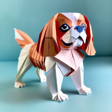 Paper art of a Cavalier King Charles Spaniel in a playful pose.