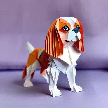 Paper origami model of a Cavalier King Charles Spaniel in vibrant colors.