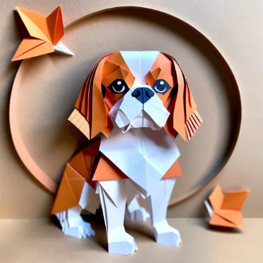 Papercraft dog in orange tones with butterflies, set against a circular background.