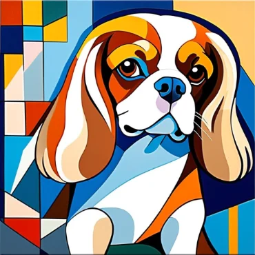 Abstract painting of a Cavalier King Charles Spaniel with vibrant colors and geometric shapes.