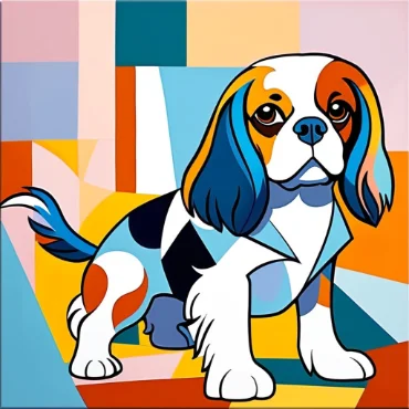 Colorful abstract depiction of a Cavalier King Charles Spaniel on a geometric background.