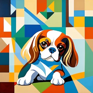 Colorful abstract painting of a Cavalier King Charles Spaniel resting with a geometric background.