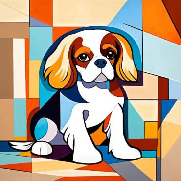 Colorful abstract painting of a Cavalier King Charles Spaniel sitting down.