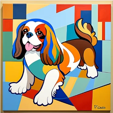 Colorful abstract painting of a Cavalier King Charles Spaniel with exaggerated features.