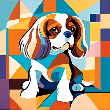 Colorful abstract painting of a Cavalier King Charles Spaniel with geometric shapes.