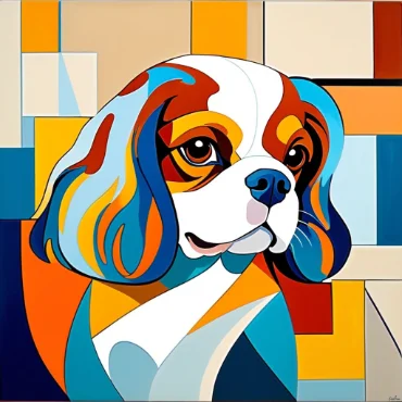 Colorful abstract portrait of a Cavalier King Charles Spaniel.