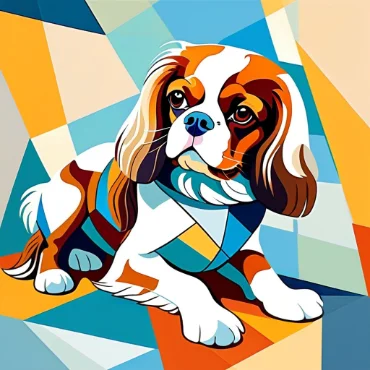 Colorful geometric illustration of a Cavalier King Charles Spaniel lying down.