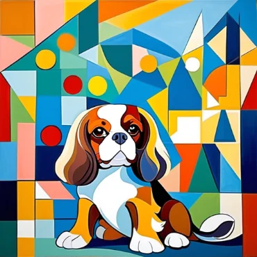 Colorful geometric painting of a Cavalier King Charles Spaniel sitting gracefully.