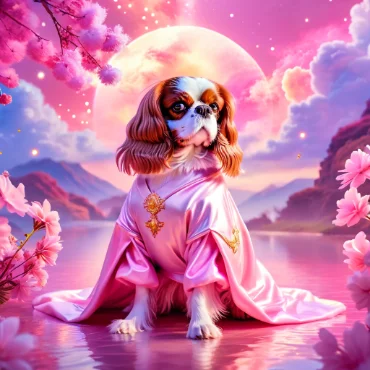 Cavalier King Charles Spaniel dressed in a pink robe, surrounded by cherry blossoms and a serene landscape.