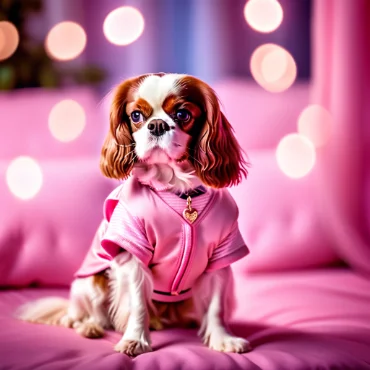 Cavalier King Charles Spaniel dressed in pink attire, sitting on a plush couch with soft lighting.