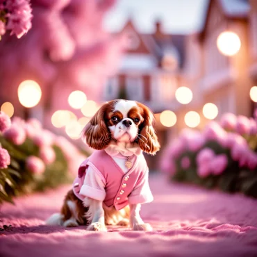 Cavalier King Charles Spaniel dressed in pink, surrounded by blooming flowers.