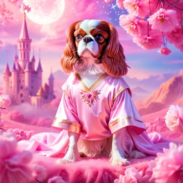 Cavalier King Charles Spaniel in a pink gown, posing near a fairytale castle.