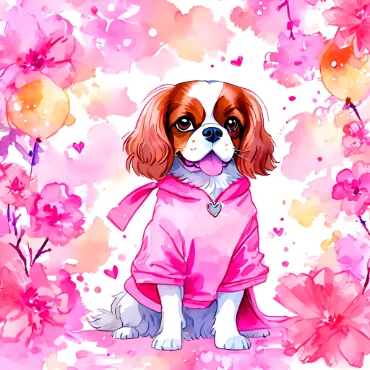 Cavalier King Charles Spaniel in a pink hoodie surrounded by flowers and hearts.