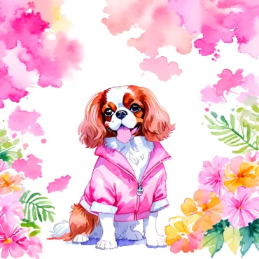 Cavalier King Charles Spaniel in a pink jacket surrounded by flowers and watercolor splashes.