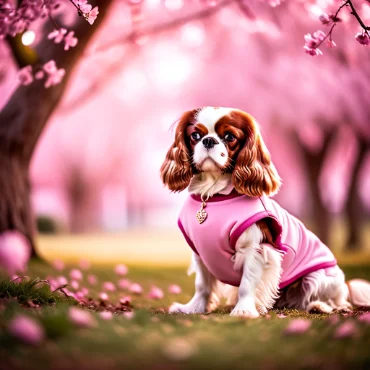 Cavalier King Charles Spaniel in a pink outfit amidst blooming cherry blossoms.