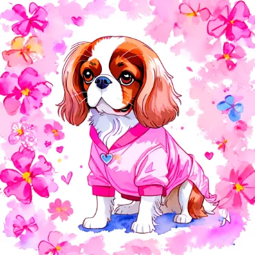 Cavalier King Charles Spaniel in a pink outfit surrounded by flowers and hearts.