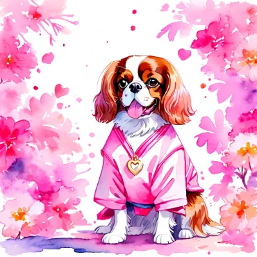 Cavalier King Charles Spaniel in a pink outfit surrounded by pink flowers.