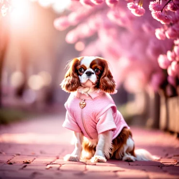 Cavalier King Charles Spaniel in a pink sweater, sitting under cherry blossoms.