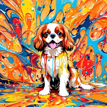 Cavalier King Charles Spaniel in a colorful, abstract background with paint drips.