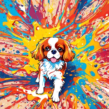 Cavalier King Charles Spaniel walking through a colorful abstract background.