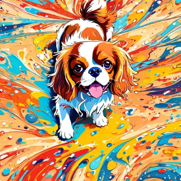 Cavalier King Charles Spaniel with a playful expression in a colorful, abstract background.