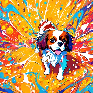 Colorful Cavalier King Charles Spaniel with a joyful expression against a vibrant abstract background.