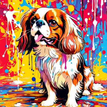 Colorful illustration of a Cavalier King Charles Spaniel against a vibrant splatter background.