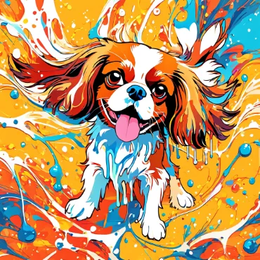 Colorful illustration of a Cavalier King Charles Spaniel with a playful expression.