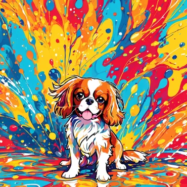 Colorful illustration of a Cavalier King Charles Spaniel with a vibrant background.