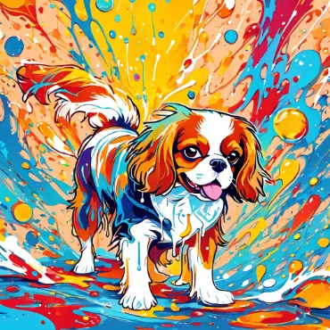 Colorful illustration of a Cavalier King Charles Spaniel with paint splashes.